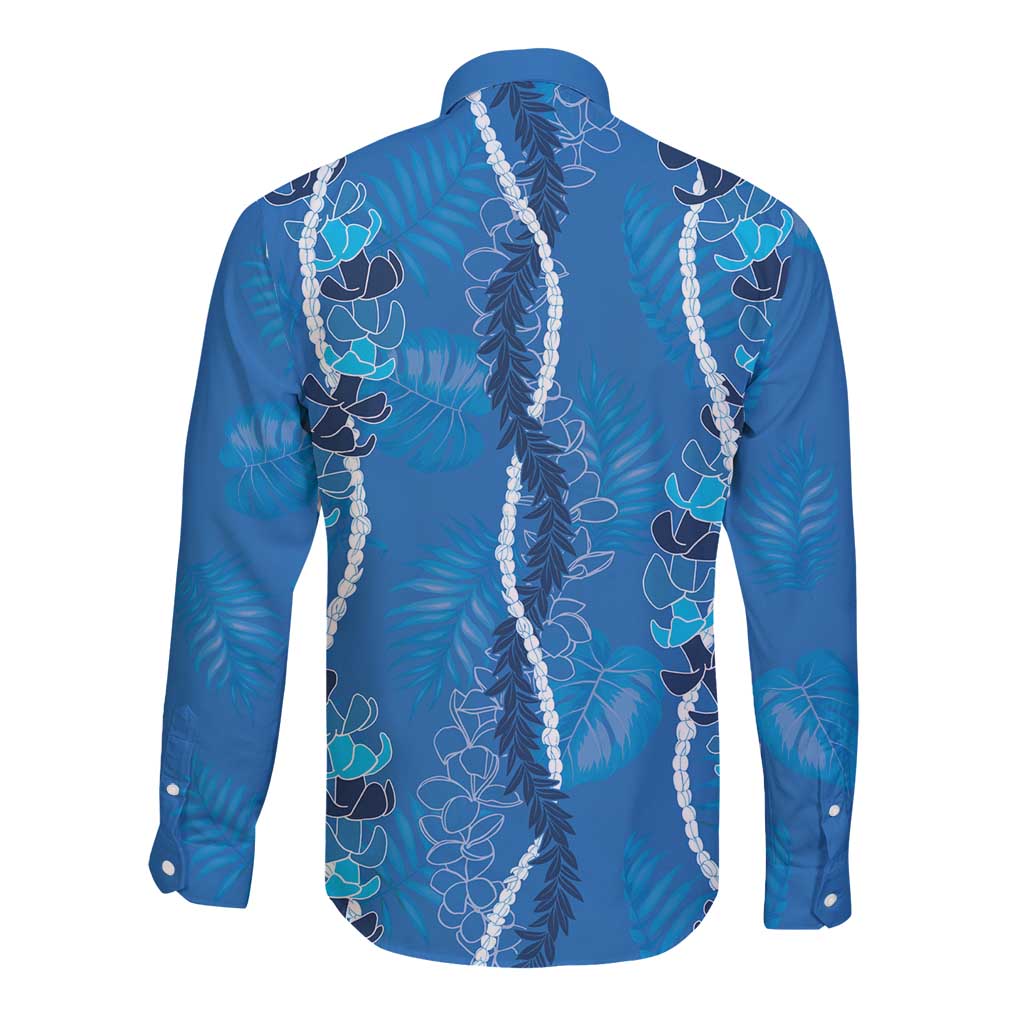 Hawaii Maile Lei Long Sleeve Button Shirt With Blue Monstera Pattern LT05 - Polynesian Pride