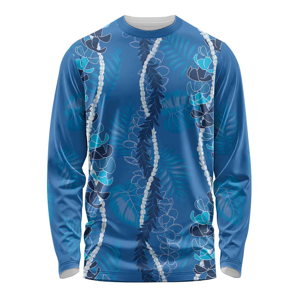 Hawaii Maile Lei Long Sleeve Shirt With Blue Monstera Pattern LT05 Unisex Blue - Polynesian Pride
