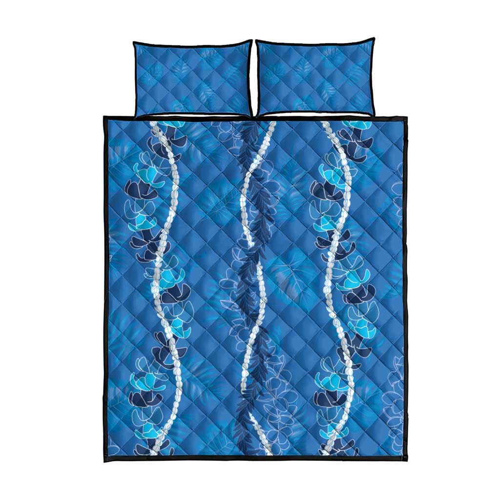 Hawaii Maile Lei Quilt Bed Set With Blue Monstera Pattern