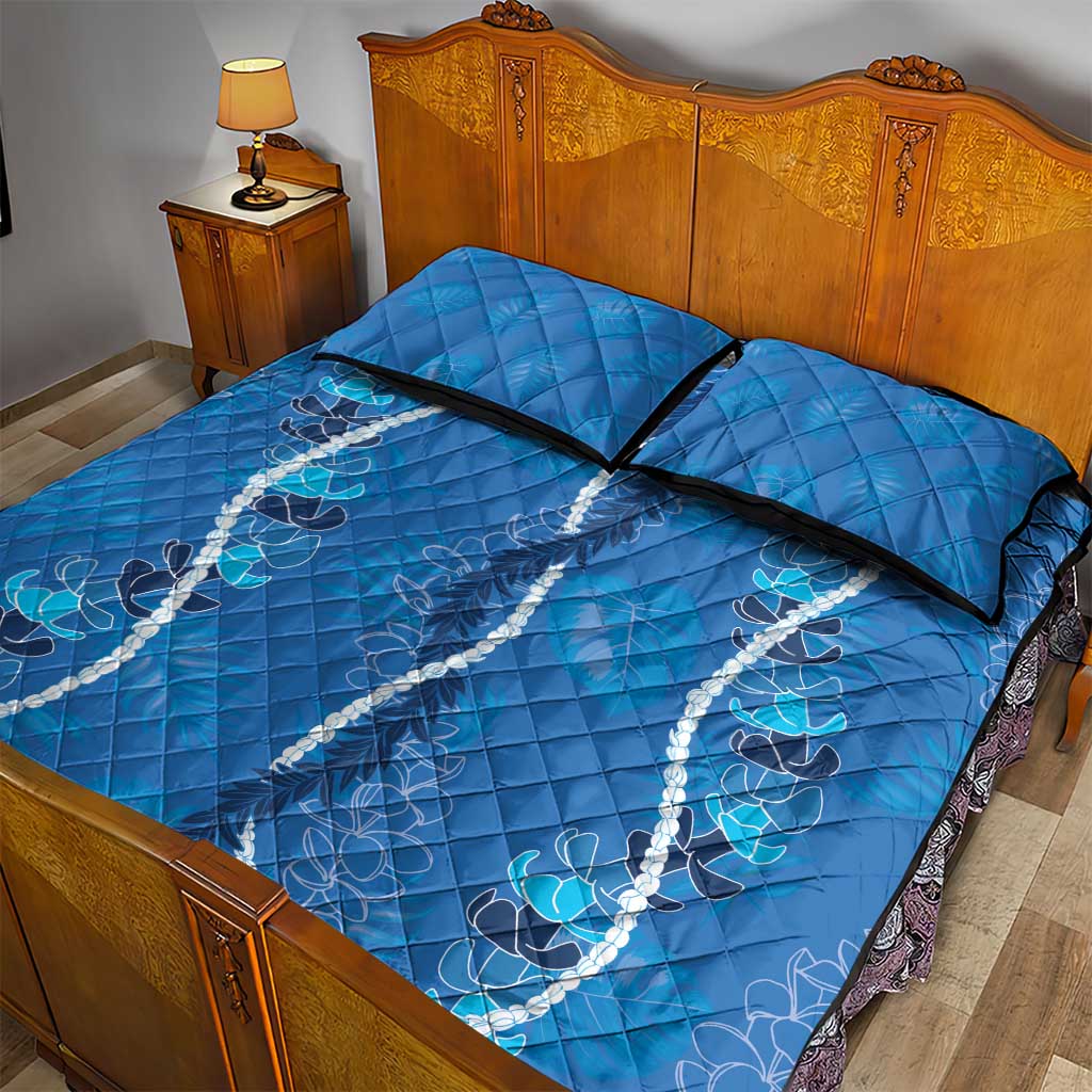 Hawaii Maile Lei Quilt Bed Set With Blue Monstera Pattern