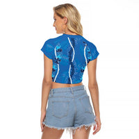 Hawaii Maile Lei Raglan Cropped T Shirt With Blue Monstera Pattern LT05 - Polynesian Pride