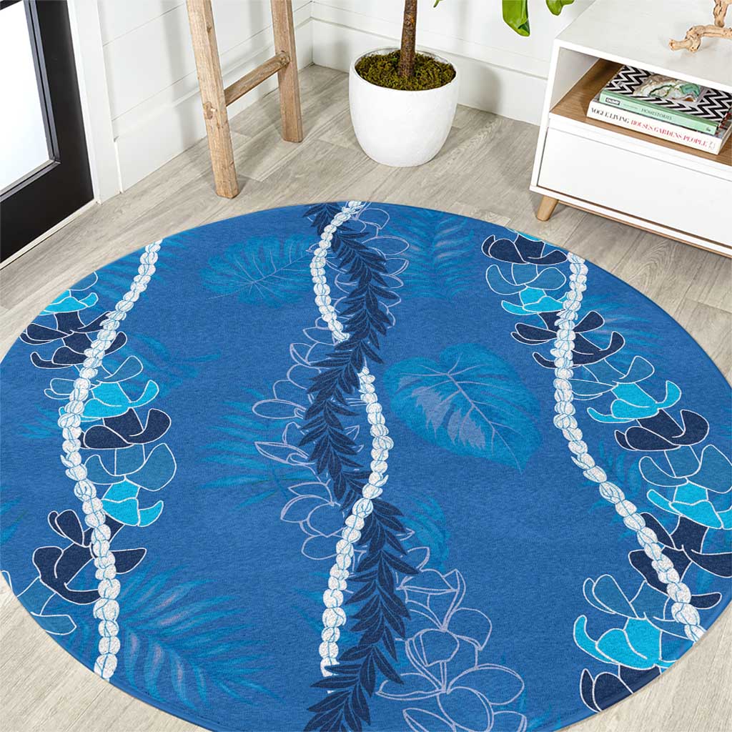 Hawaii Maile Lei Round Carpet With Blue Monstera Pattern