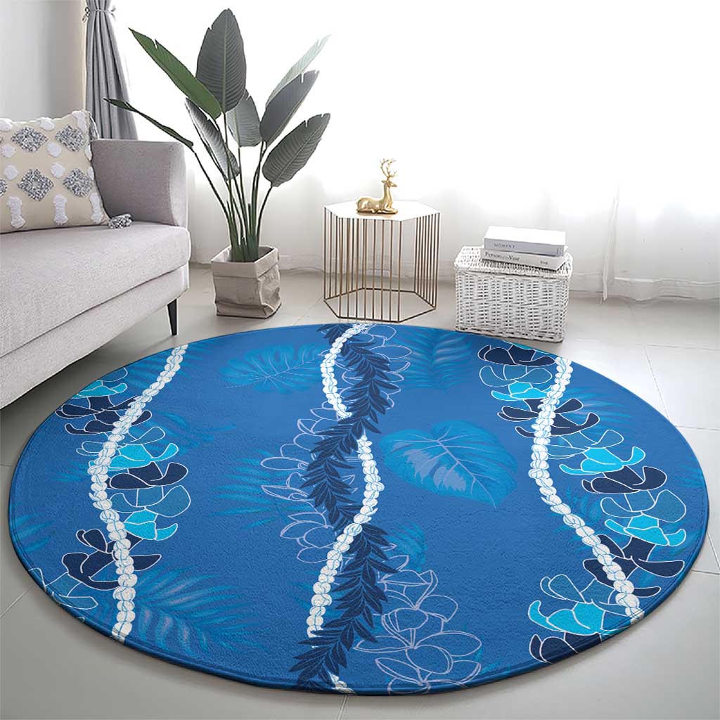 Hawaii Maile Lei Round Carpet With Blue Monstera Pattern