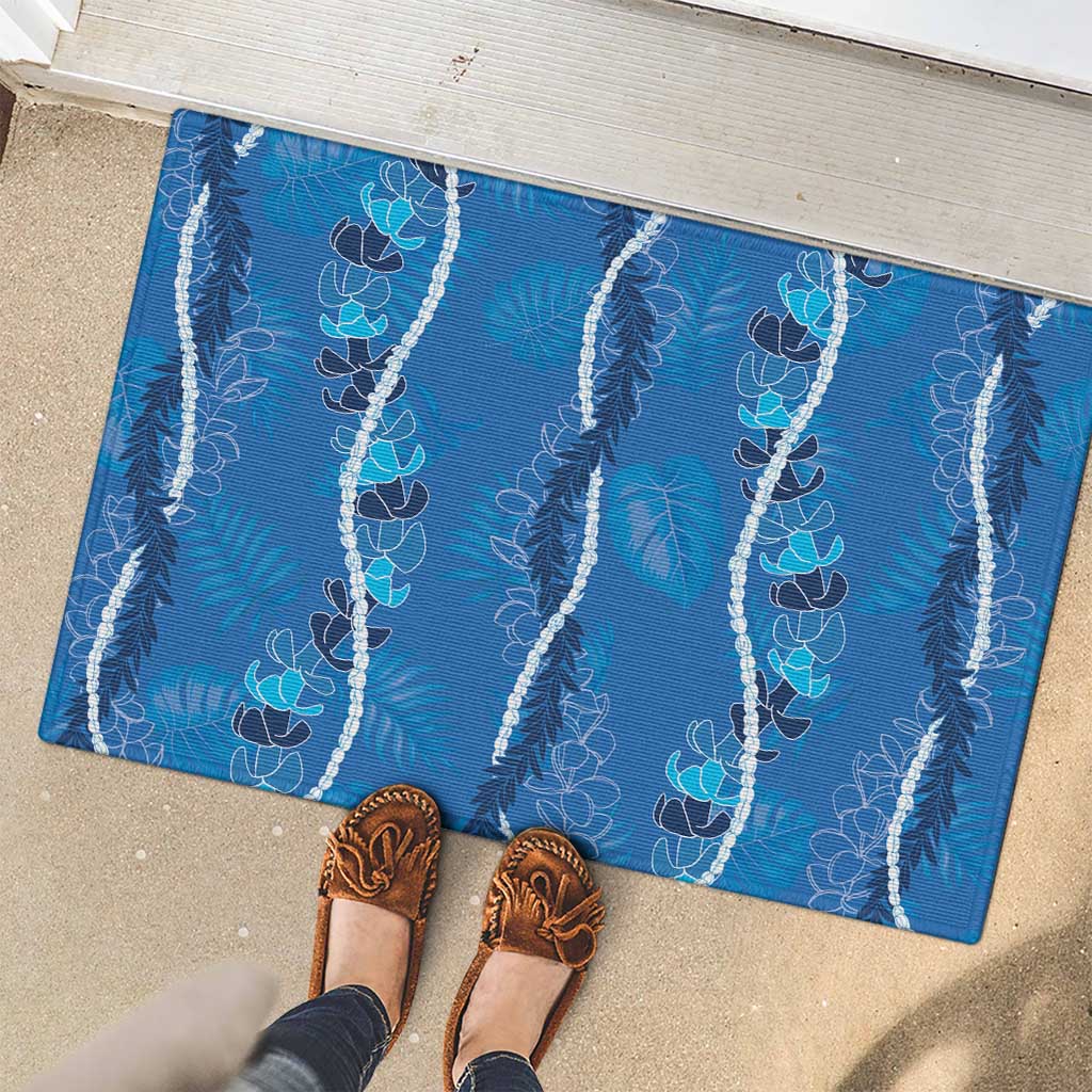 Hawaii Maile Lei Rubber Doormat With Blue Monstera Pattern LT05 - Polynesian Pride