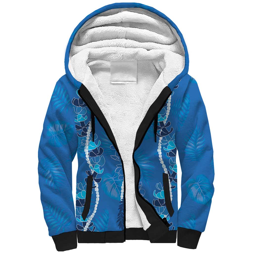 Hawaii Maile Lei Sherpa Hoodie With Blue Monstera Pattern LT05 Unisex Blue - Polynesian Pride
