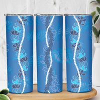Hawaii Maile Lei Skinny Tumbler With Blue Monstera Pattern