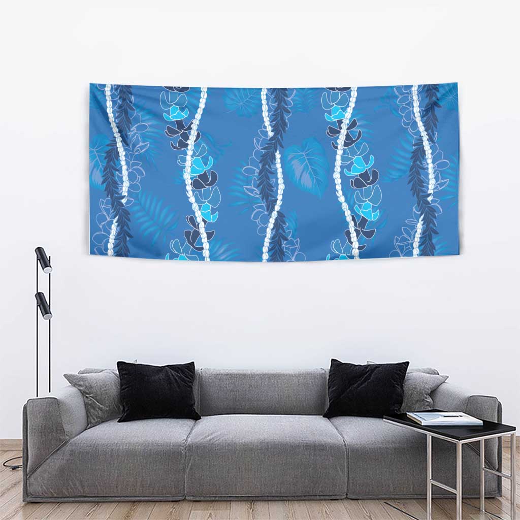 Hawaii Maile Lei Tapestry With Blue Monstera Pattern