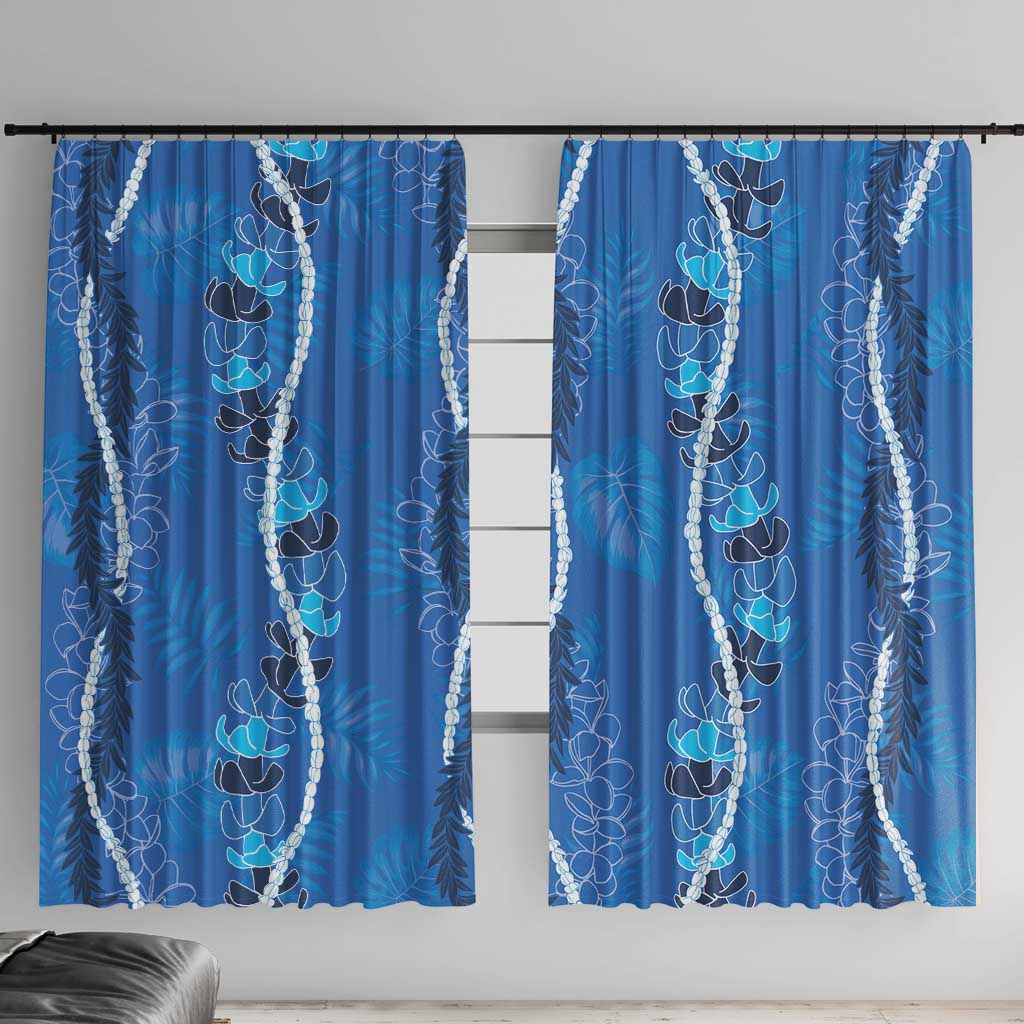 Hawaii Maile Lei Window Curtain With Blue Monstera Pattern LT05 With Hooks Blue - Polynesian Pride