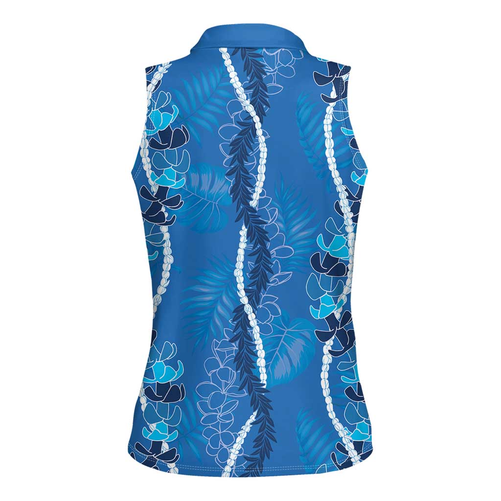 Hawaii Maile Lei Women Sleeveless Polo Shirt With Blue Monstera Pattern