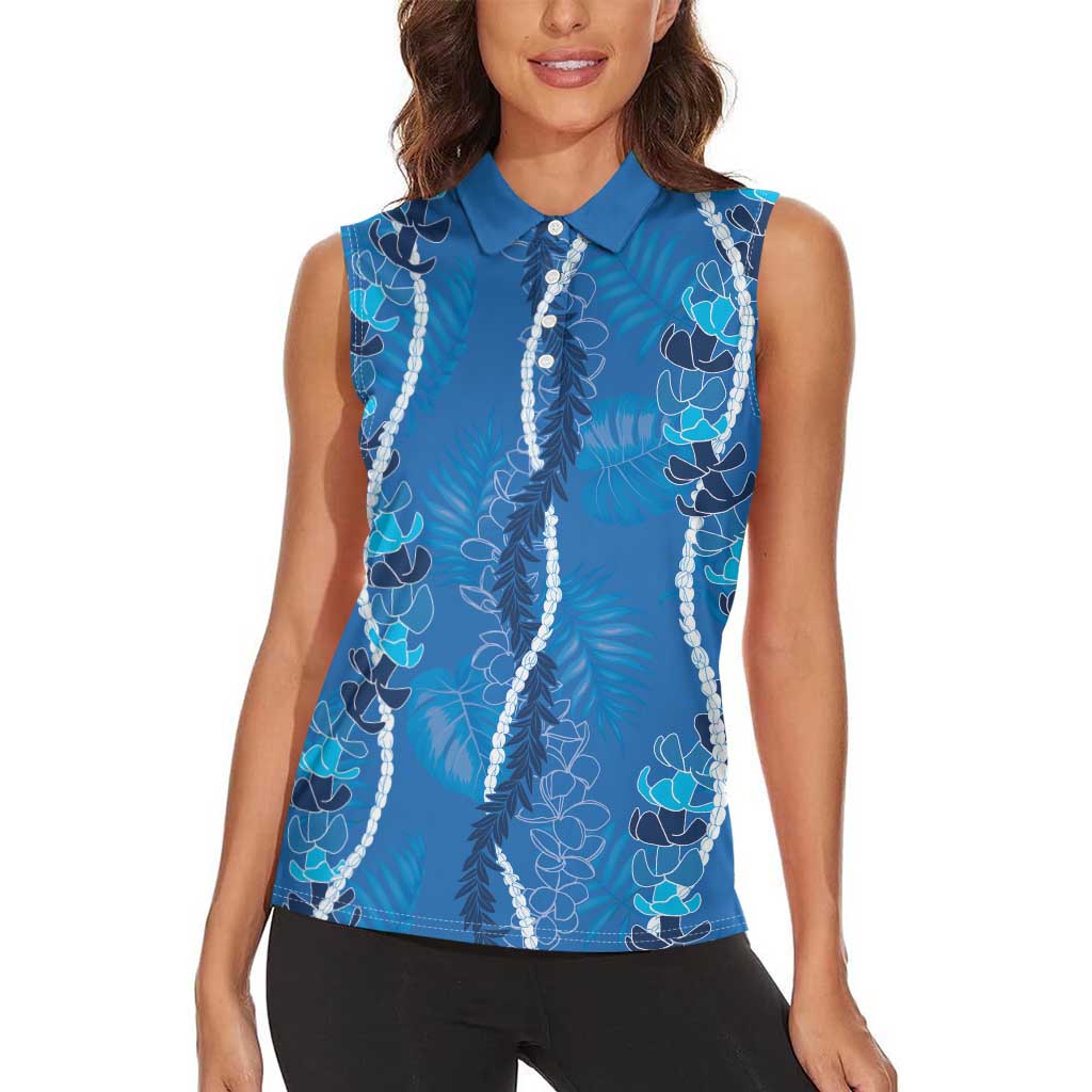 Hawaii Maile Lei Women Sleeveless Polo Shirt With Blue Monstera Pattern