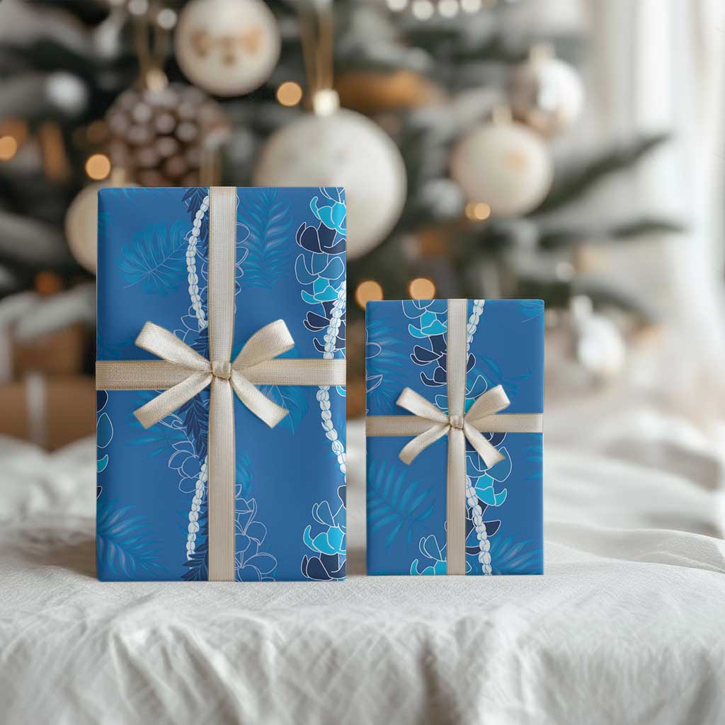 Hawaii Maile Lei Wrapping Paper With Blue Monstera Pattern LT05 - Polynesian Pride