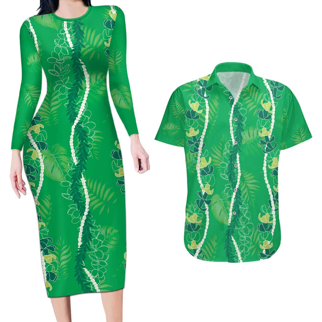 Hawaii Maile Lei Couples Matching Long Sleeve Bodycon Dress and Hawaiian Shirt With Green Monstera Pattern LT05 Green - Polynesian Pride