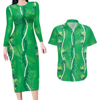 Hawaii Maile Lei Couples Matching Long Sleeve Bodycon Dress and Hawaiian Shirt With Green Monstera Pattern LT05 Green - Polynesian Pride