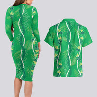 Hawaii Maile Lei Couples Matching Long Sleeve Bodycon Dress and Hawaiian Shirt With Green Monstera Pattern LT05 - Polynesian Pride