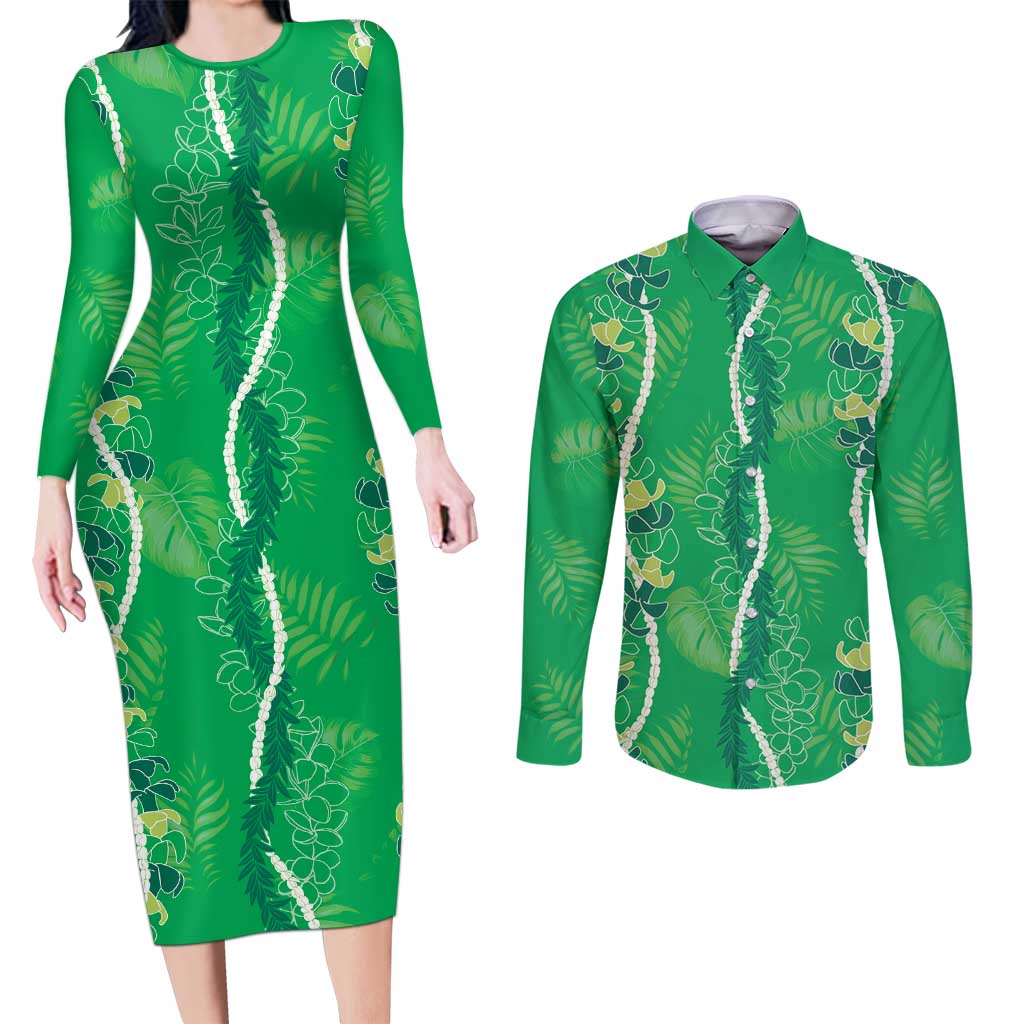 Hawaii Maile Lei Couples Matching Long Sleeve Bodycon Dress and Long Sleeve Button Shirt With Green Monstera Pattern LT05 Green - Polynesian Pride