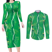 Hawaii Maile Lei Couples Matching Long Sleeve Bodycon Dress and Long Sleeve Button Shirt With Green Monstera Pattern LT05 Green - Polynesian Pride