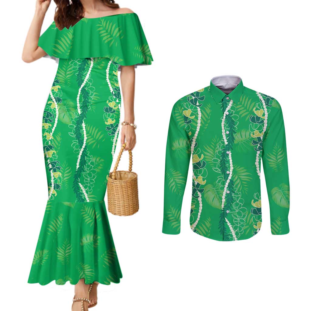 Hawaii Maile Lei Couples Matching Mermaid Dress and Long Sleeve Button Shirt With Green Monstera Pattern LT05 Green - Polynesian Pride