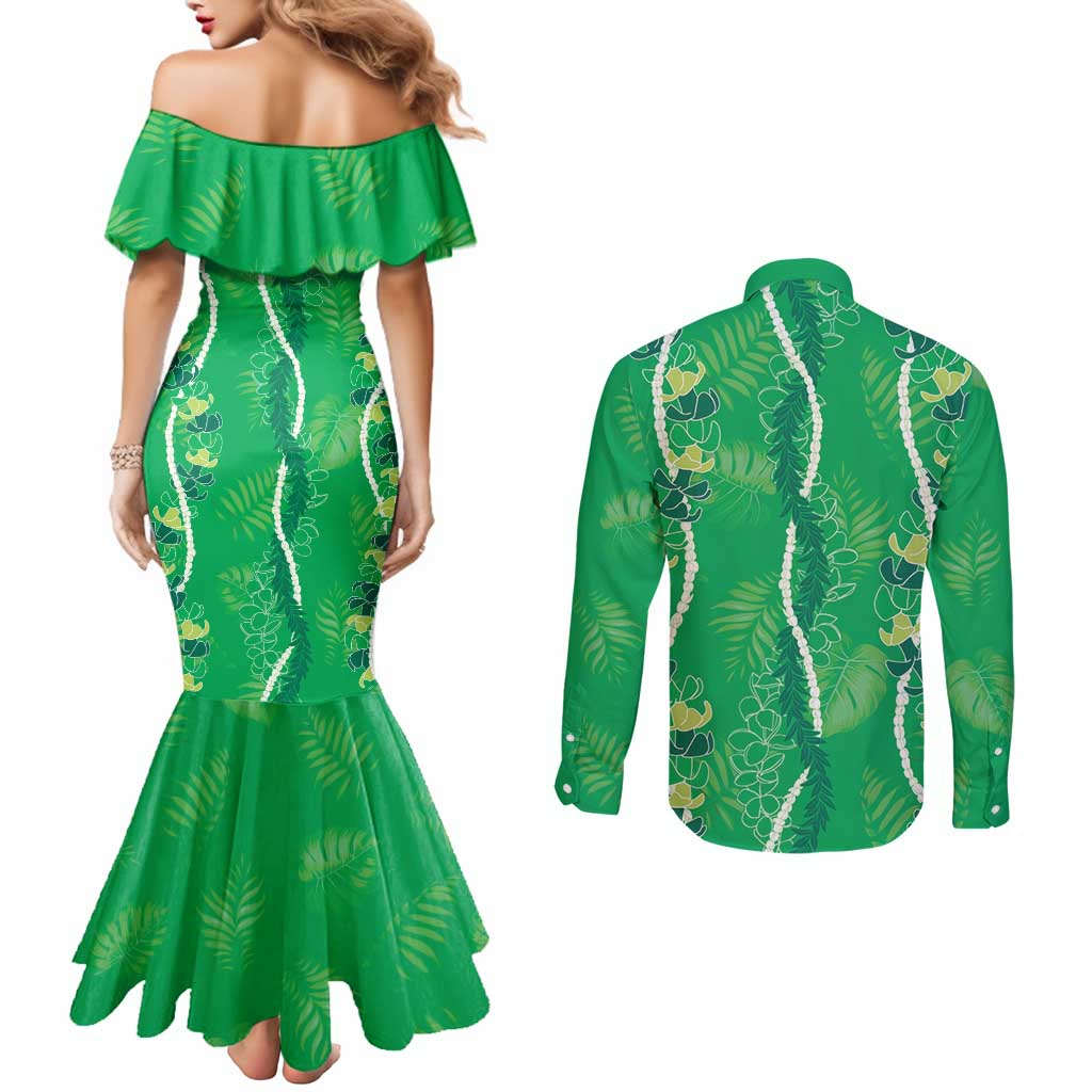 Hawaii Maile Lei Couples Matching Mermaid Dress and Long Sleeve Button Shirt With Green Monstera Pattern LT05 - Polynesian Pride