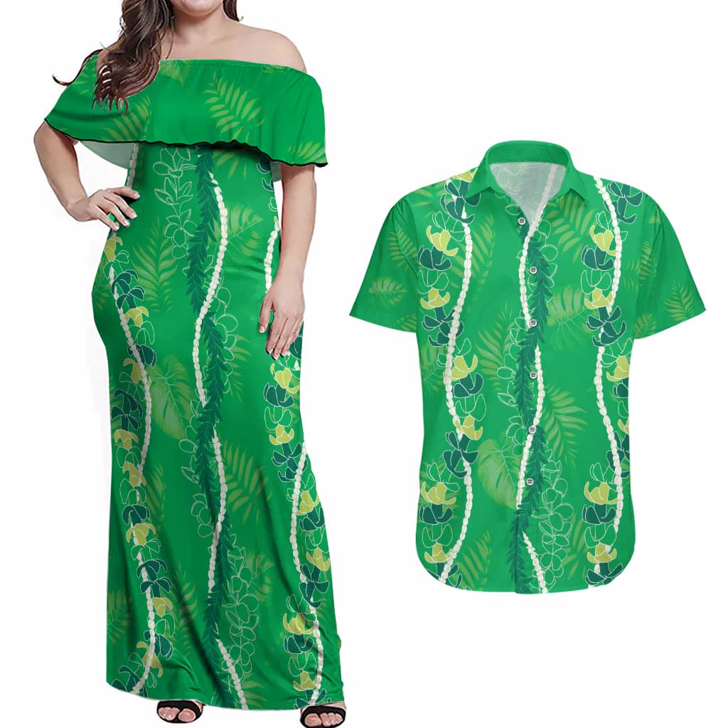 Hawaii Maile Lei Couples Matching Off Shoulder Maxi Dress and Hawaiian Shirt With Green Monstera Pattern LT05 Green - Polynesian Pride