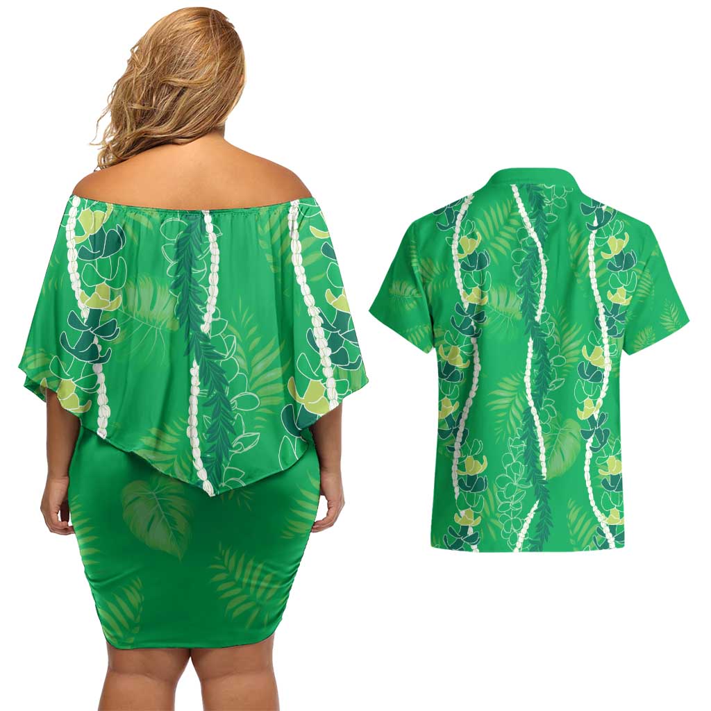 Hawaii Maile Lei Couples Matching Off Shoulder Short Dress and Hawaiian Shirt With Green Monstera Pattern LT05 - Polynesian Pride