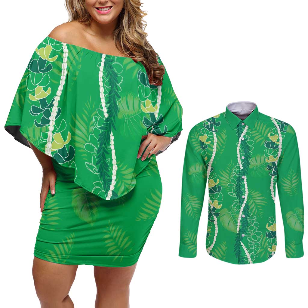 Hawaii Maile Lei Couples Matching Off Shoulder Short Dress and Long Sleeve Button Shirt With Green Monstera Pattern LT05 Green - Polynesian Pride
