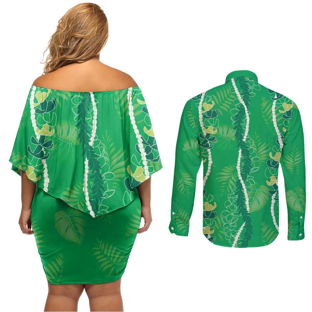 Hawaii Maile Lei Couples Matching Off Shoulder Short Dress and Long Sleeve Button Shirt With Green Monstera Pattern LT05 - Polynesian Pride