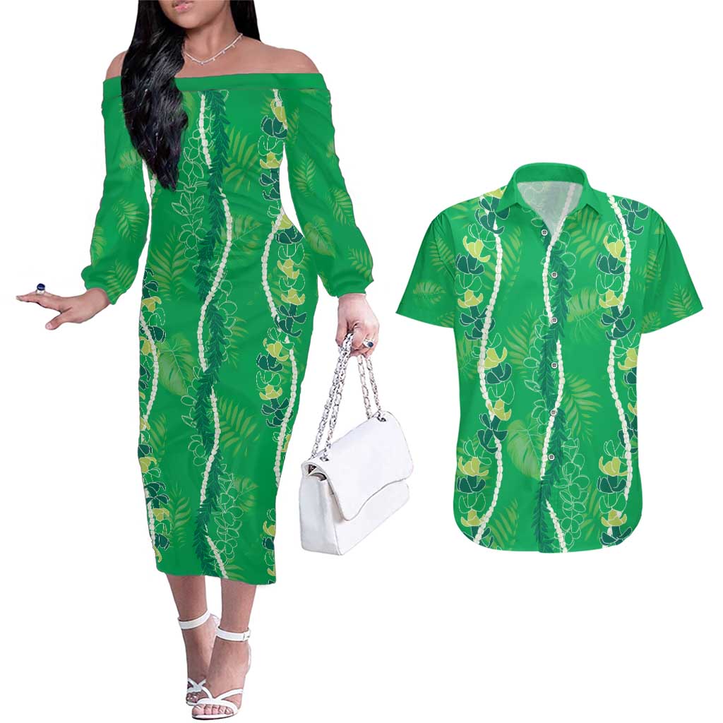 Hawaii Maile Lei Couples Matching Off The Shoulder Long Sleeve Dress and Hawaiian Shirt With Green Monstera Pattern LT05 Green - Polynesian Pride
