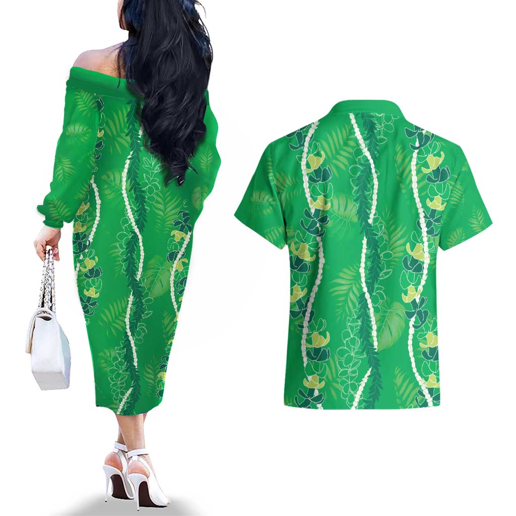 Hawaii Maile Lei Couples Matching Off The Shoulder Long Sleeve Dress and Hawaiian Shirt With Green Monstera Pattern LT05 - Polynesian Pride