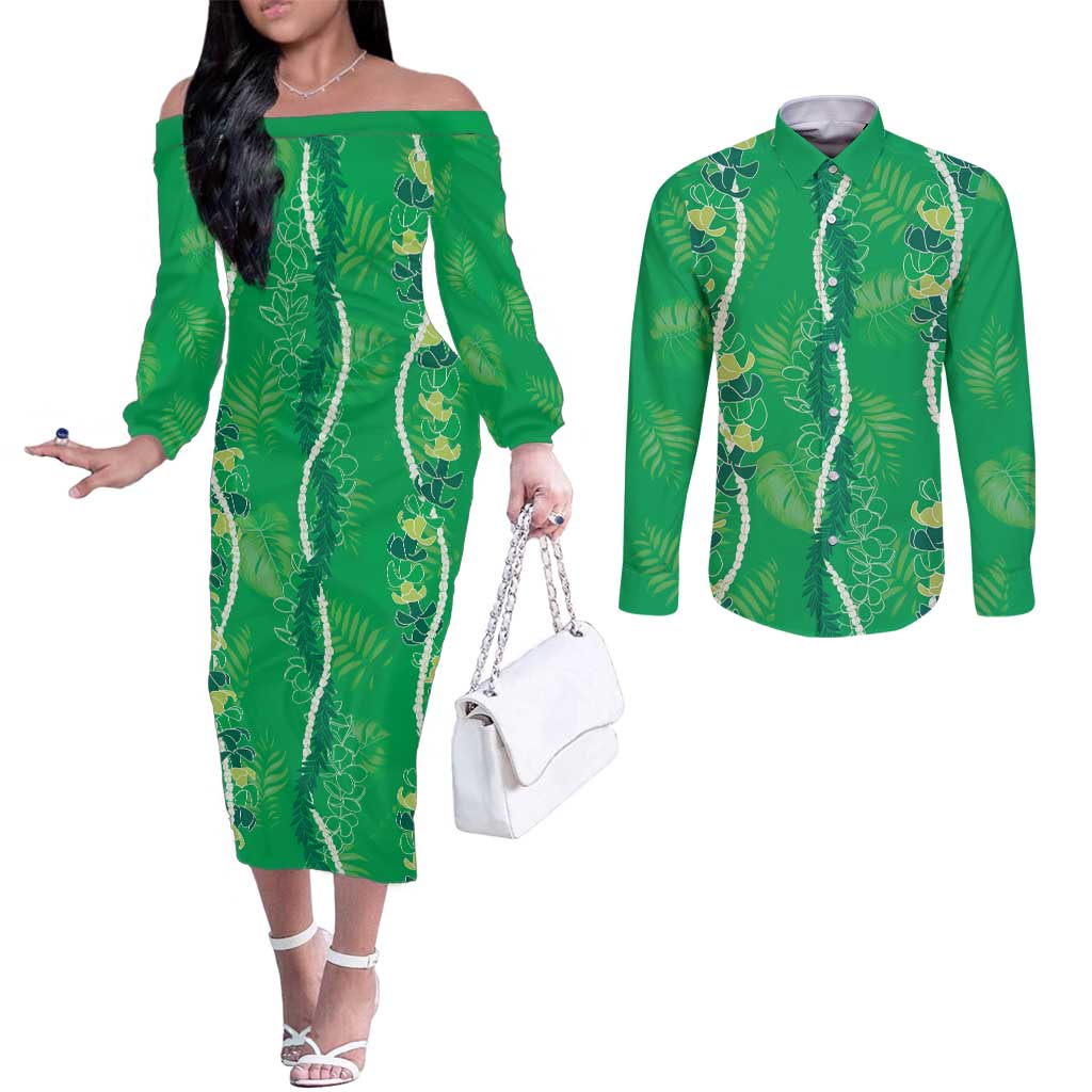 Hawaii Maile Lei Couples Matching Off The Shoulder Long Sleeve Dress and Long Sleeve Button Shirt With Green Monstera Pattern LT05 Green - Polynesian Pride