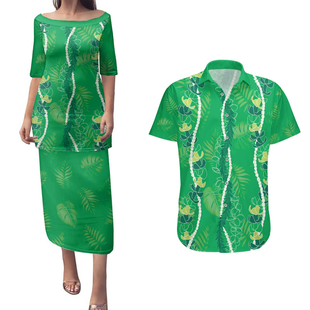 Hawaii Maile Lei Couples Matching Puletasi and Hawaiian Shirt With Green Monstera Pattern LT05 Green - Polynesian Pride