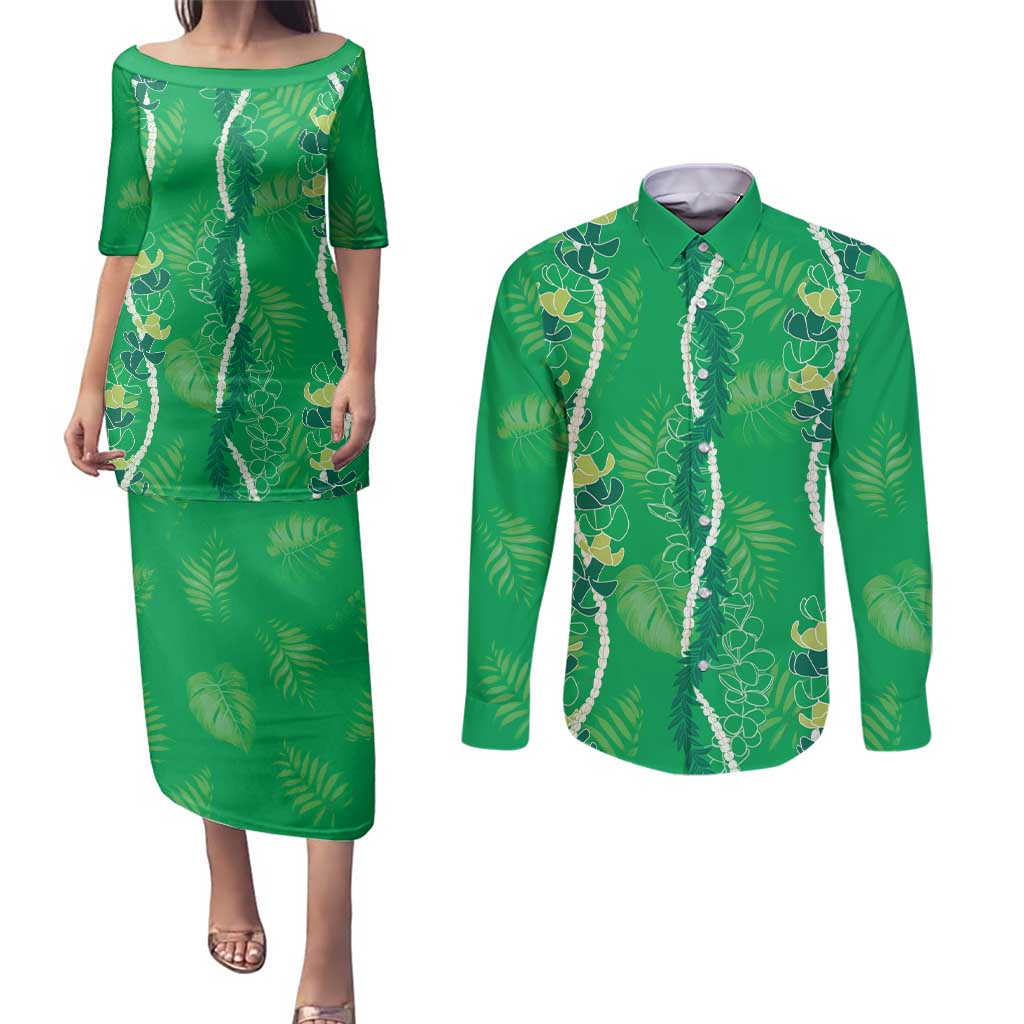 Hawaii Maile Lei Couples Matching Puletasi and Long Sleeve Button Shirt With Green Monstera Pattern LT05 Green - Polynesian Pride