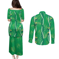 Hawaii Maile Lei Couples Matching Puletasi and Long Sleeve Button Shirt With Green Monstera Pattern LT05 - Polynesian Pride