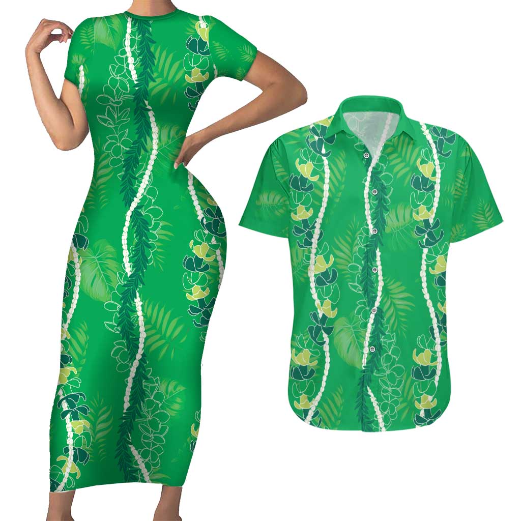 Hawaii Maile Lei Couples Matching Short Sleeve Bodycon Dress and Hawaiian Shirt With Green Monstera Pattern LT05 Green - Polynesian Pride