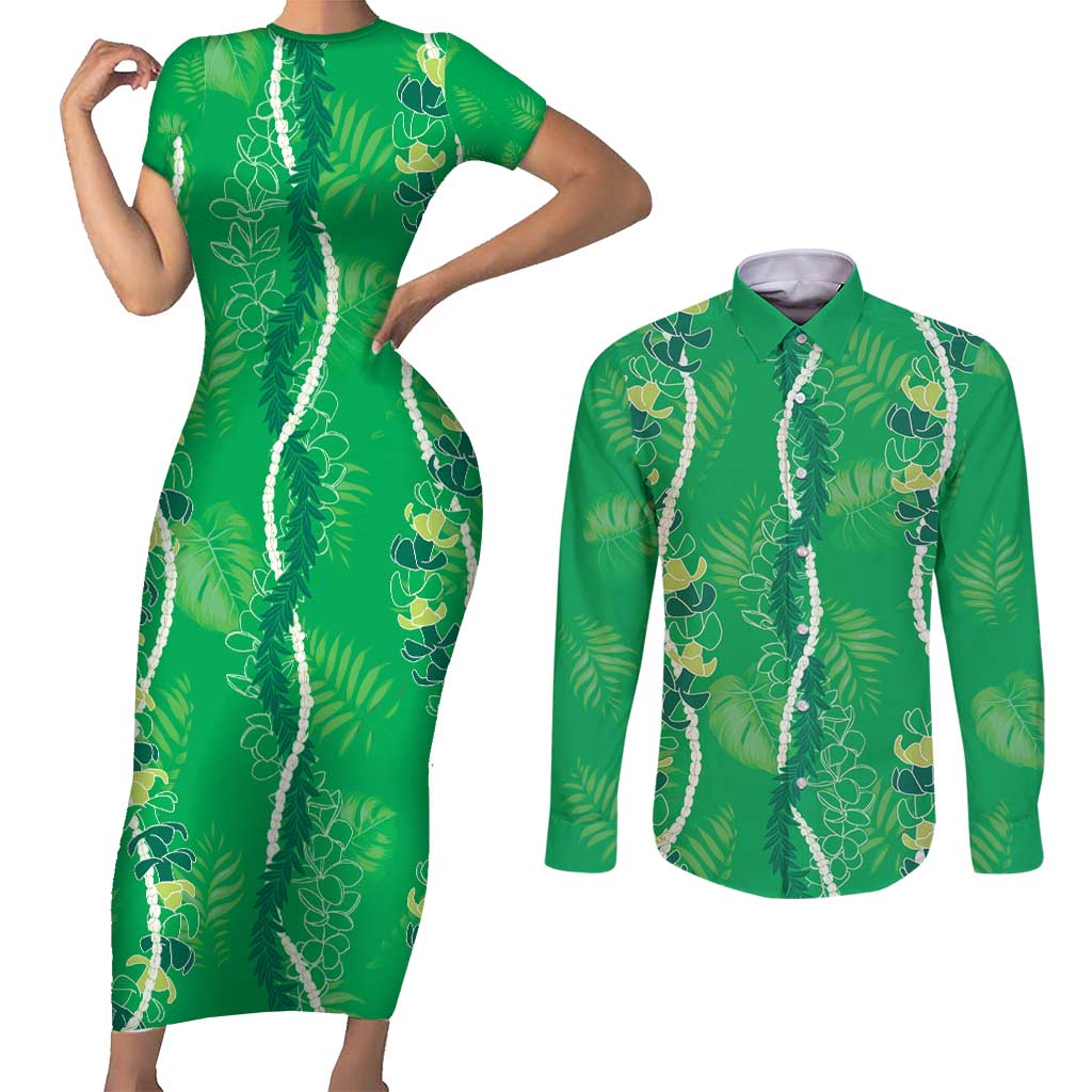 Hawaii Maile Lei Couples Matching Short Sleeve Bodycon Dress and Long Sleeve Button Shirt With Green Monstera Pattern LT05 Green - Polynesian Pride