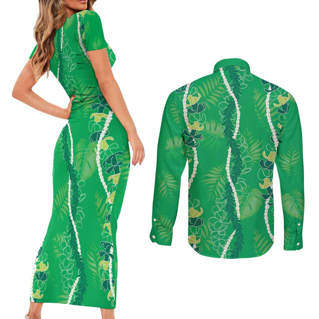 Hawaii Maile Lei Couples Matching Short Sleeve Bodycon Dress and Long Sleeve Button Shirt With Green Monstera Pattern LT05 - Polynesian Pride