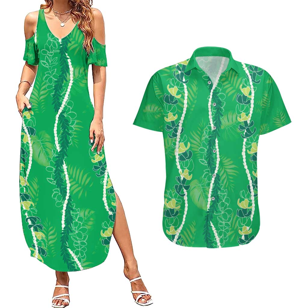 Hawaii Maile Lei Couples Matching Summer Maxi Dress and Hawaiian Shirt With Green Monstera Pattern LT05 Green - Polynesian Pride