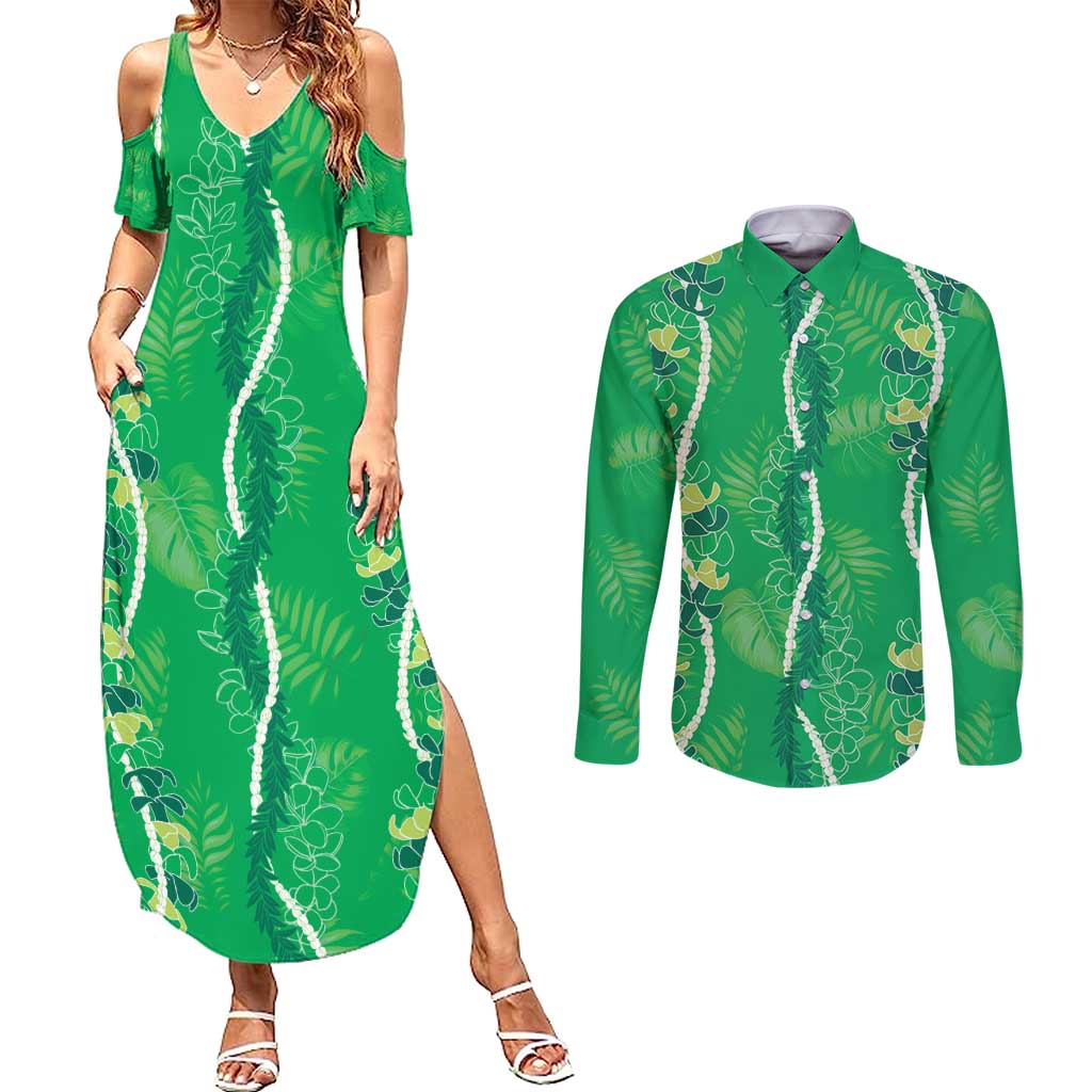 Hawaii Maile Lei Couples Matching Summer Maxi Dress and Long Sleeve Button Shirt With Green Monstera Pattern LT05 Green - Polynesian Pride