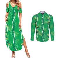 Hawaii Maile Lei Couples Matching Summer Maxi Dress and Long Sleeve Button Shirt With Green Monstera Pattern LT05 Green - Polynesian Pride
