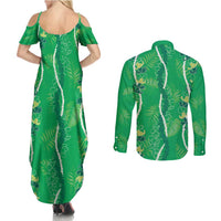 Hawaii Maile Lei Couples Matching Summer Maxi Dress and Long Sleeve Button Shirt With Green Monstera Pattern LT05 - Polynesian Pride