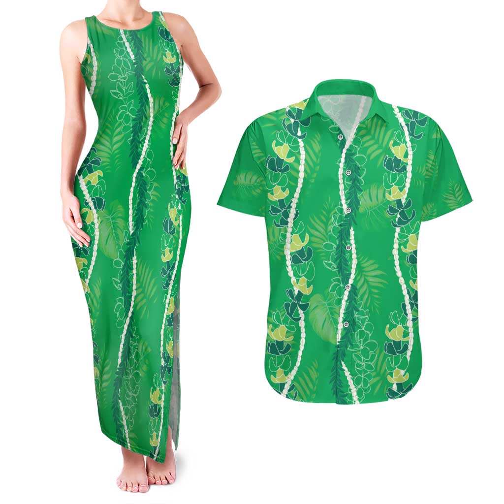 Hawaii Maile Lei Couples Matching Tank Maxi Dress and Hawaiian Shirt With Green Monstera Pattern LT05 Green - Polynesian Pride