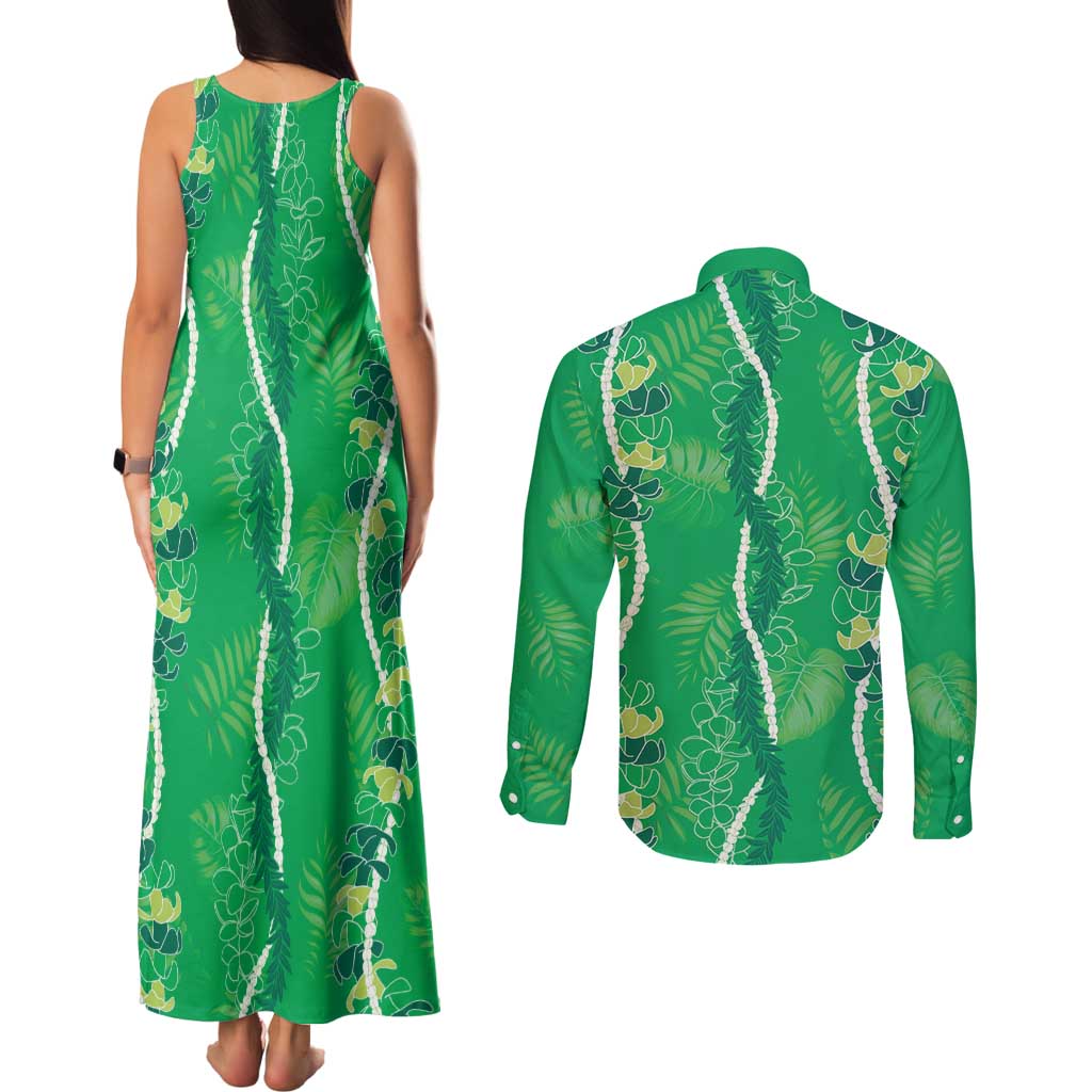 Hawaii Maile Lei Couples Matching Tank Maxi Dress and Long Sleeve Button Shirt With Green Monstera Pattern LT05 - Polynesian Pride