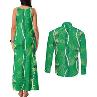 Hawaii Maile Lei Couples Matching Tank Maxi Dress and Long Sleeve Button Shirt With Green Monstera Pattern LT05 - Polynesian Pride
