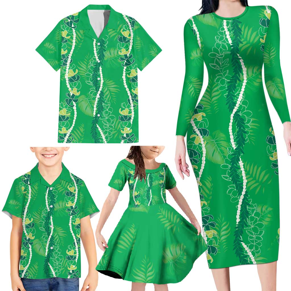 Hawaii Maile Lei Family Matching Long Sleeve Bodycon Dress and Hawaiian Shirt With Green Monstera Pattern