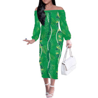 Hawaii Maile Lei Family Matching Off The Shoulder Long Sleeve Dress and Hawaiian Shirt With Green Monstera Pattern