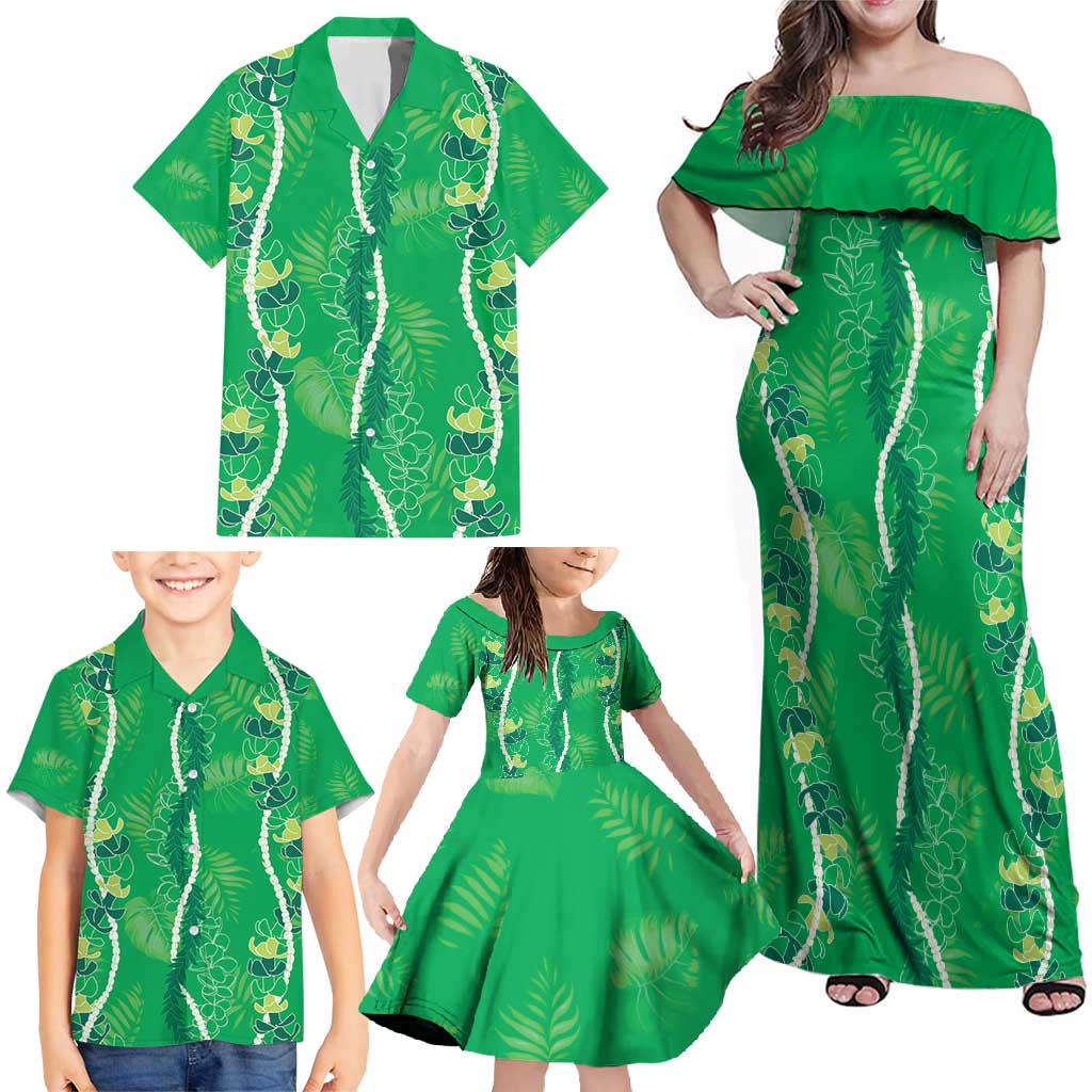 Hawaii Maile Lei Family Matching Off Shoulder Maxi Dress and Hawaiian Shirt With Green Monstera Pattern