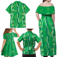 Hawaii Maile Lei Family Matching Off Shoulder Maxi Dress and Hawaiian Shirt With Green Monstera Pattern