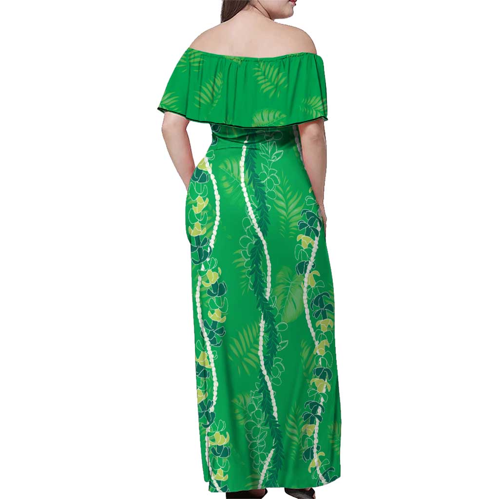 Hawaii Maile Lei Family Matching Off Shoulder Maxi Dress and Hawaiian Shirt With Green Monstera Pattern