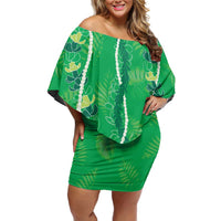 Hawaii Maile Lei Family Matching Off Shoulder Short Dress and Hawaiian Shirt With Green Monstera Pattern