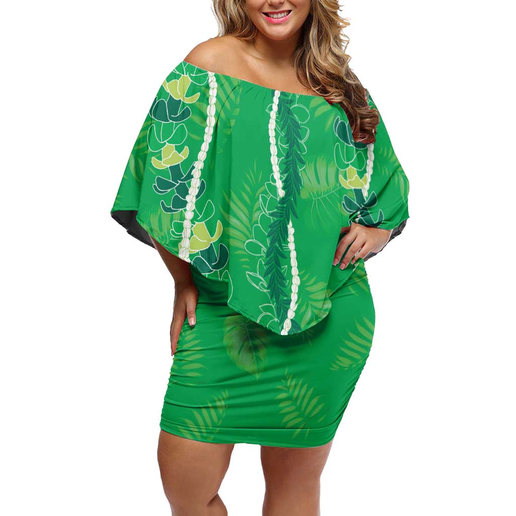 Hawaii Maile Lei Off Shoulder Short Dress With Green Monstera Pattern LT05 Women Green - Polynesian Pride
