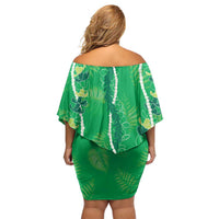 Hawaii Maile Lei Off Shoulder Short Dress With Green Monstera Pattern LT05 - Polynesian Pride